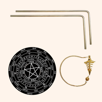 BRASS DOWSING L ROD PAIR 8MM SET OF BOARD AND PENDULAM ASSORTED