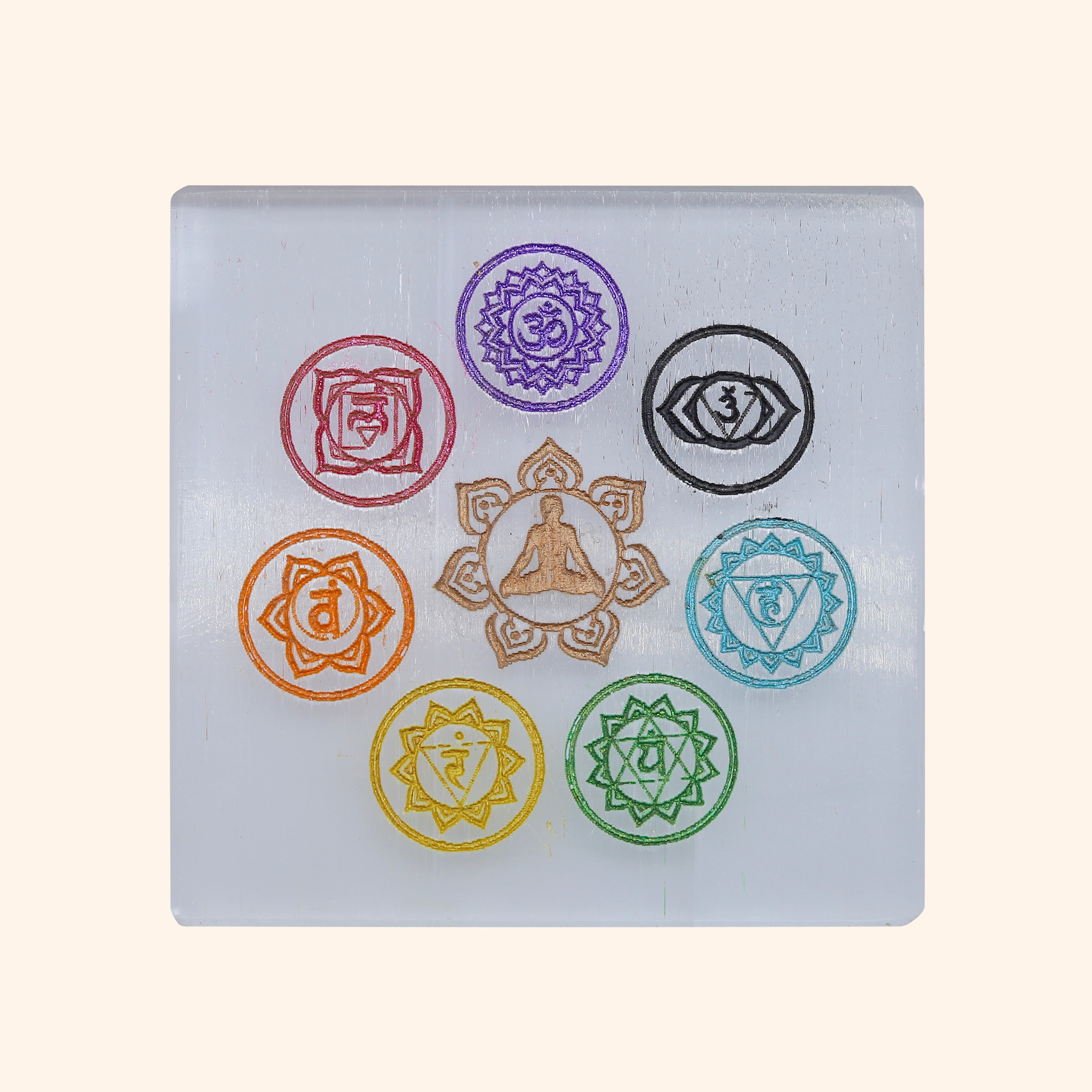VASTU VARDAN CRYSTAL 7 CHAKRA SQUARE SELENITE PLATE 4 INCH