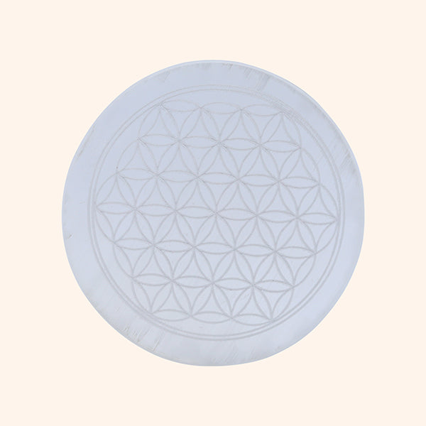 SELENITE CRYSTAL MANDALA ROUND PLATE 4 INCH