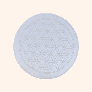 SELENITE CRYSTAL MANDALA ROUND PLATE 4 INCH