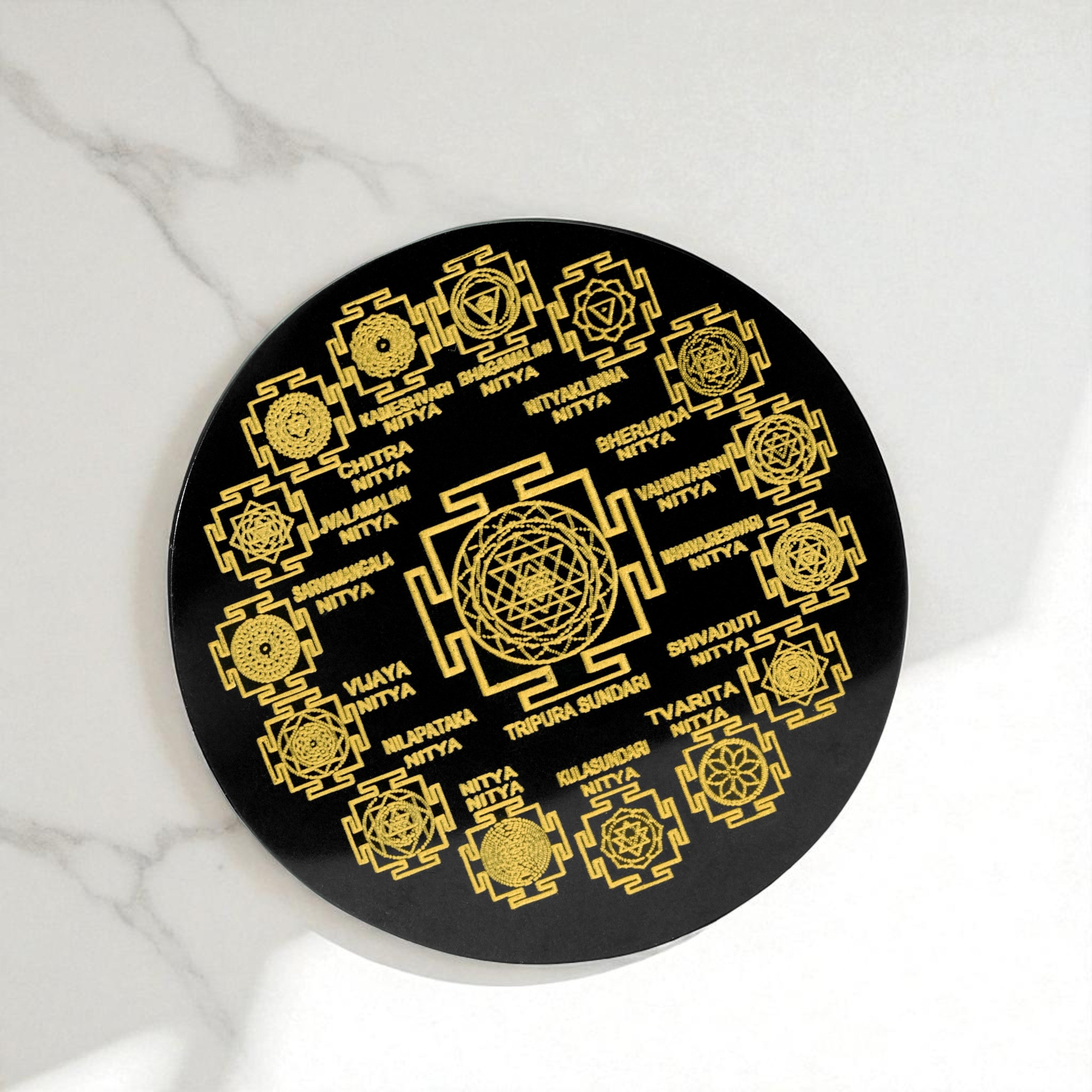 VASTU VARDAN CRYSTAL SHRI YANTRA BLACK OBSIDIAN PLATE 3 INCH