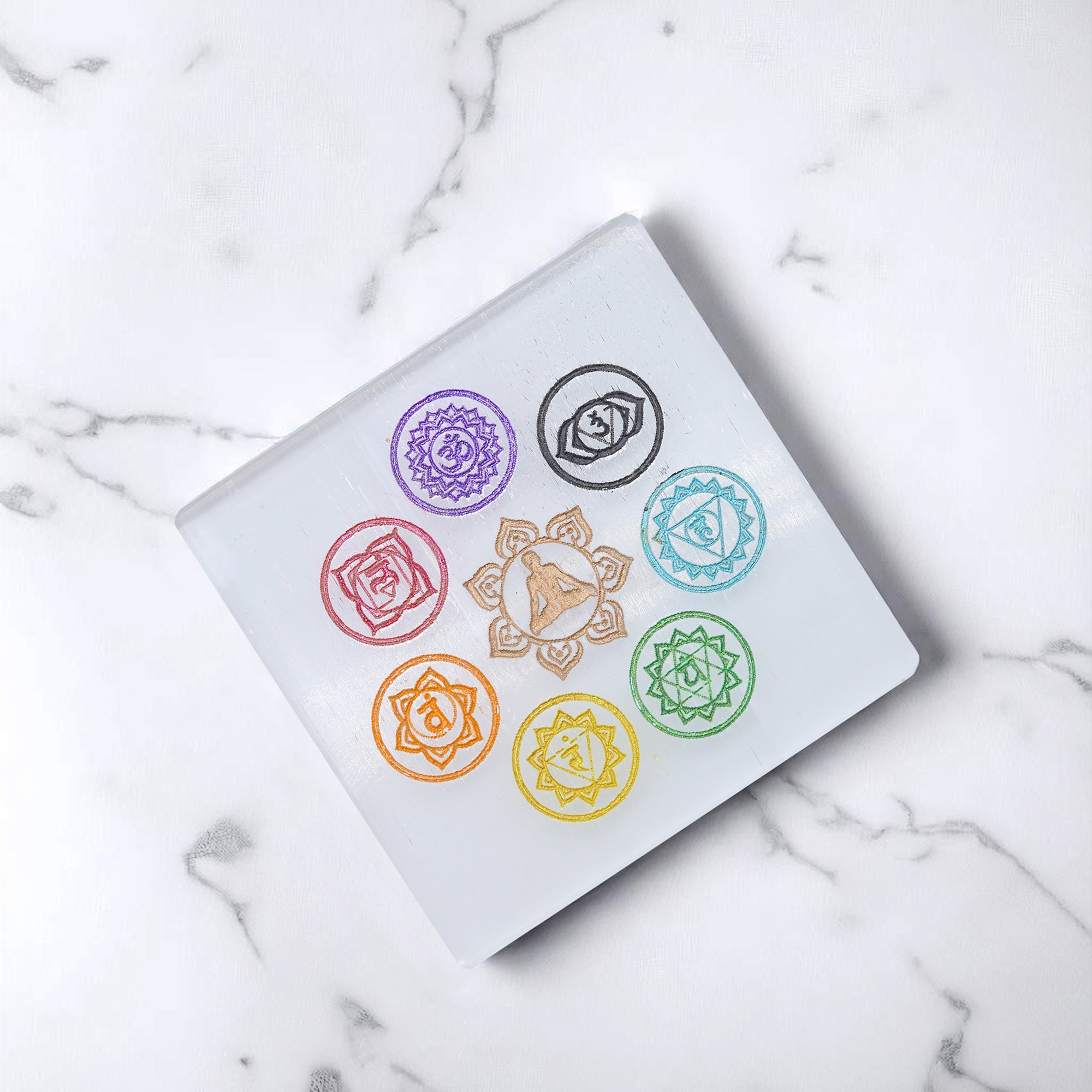 VASTU VARDAN CRYSTAL 7 CHAKRA SQUARE SELENITE PLATE 4 INCH