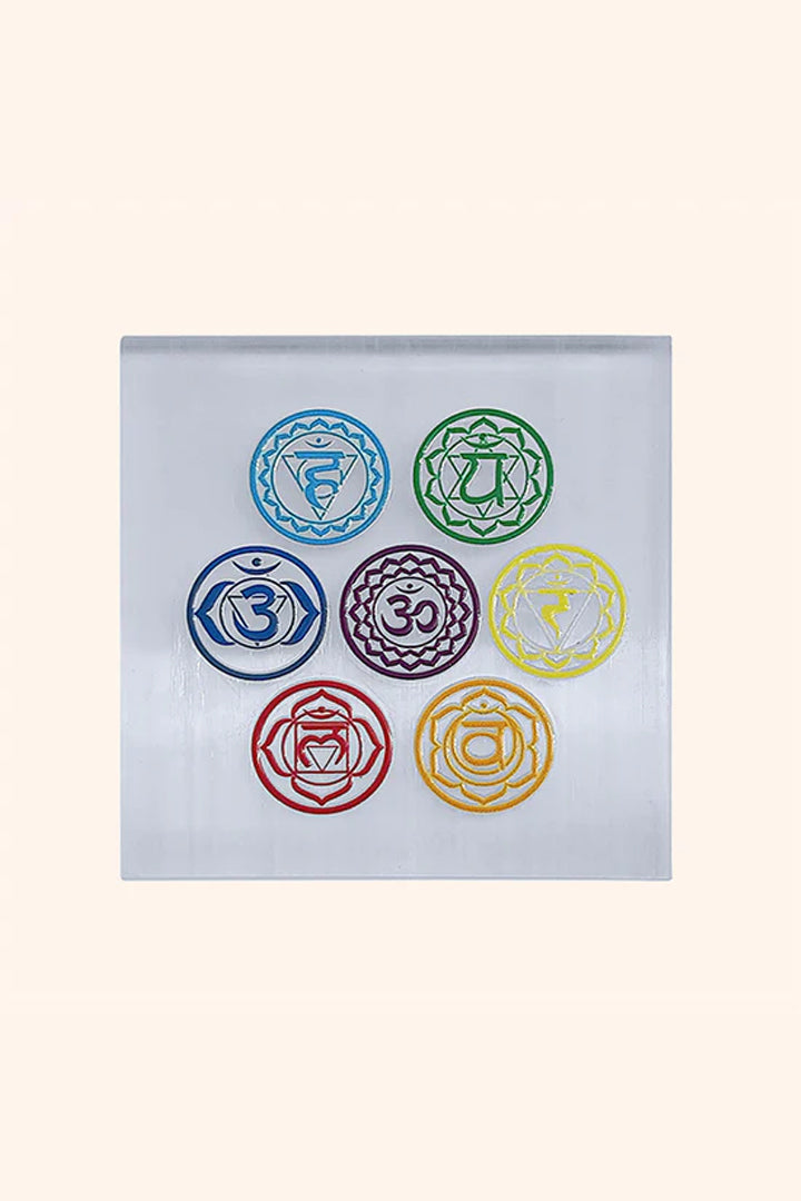7 CHAKRA HINDI SQUARE SELENITE CHARGING PLATE 3 INCH