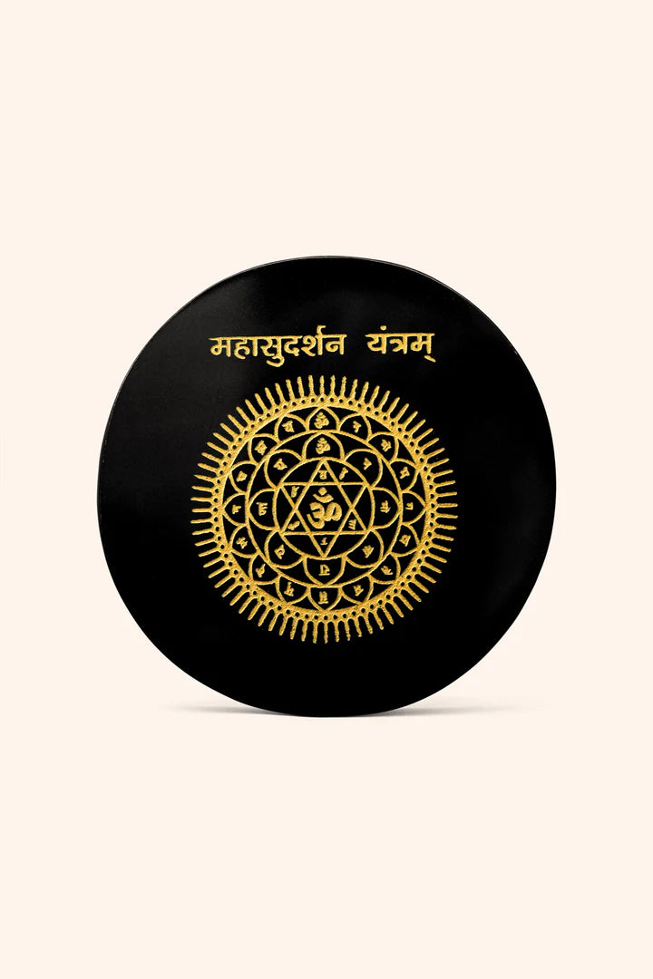 3 INCH - MAHASUDHARSHAN YANTRA BLACK OBSIDIAN CRYSTAL PLATE - Divine Energy Protection