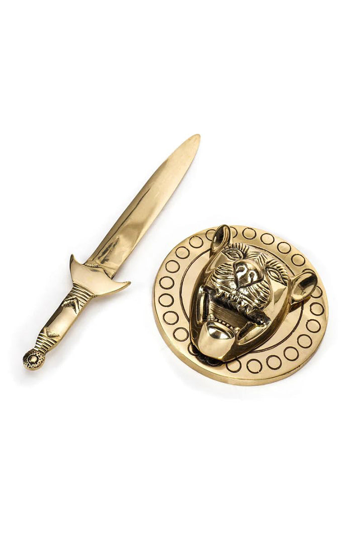 VASTU VARDAN BRASS LION WITH TALWAR STATUE