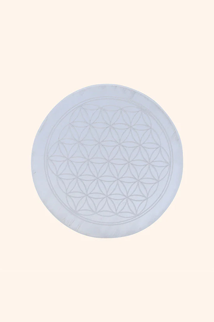3 INCH - MANDALA ROUND CRYSTAL SELENITE PLATE - Spiritual & chakra healing practices