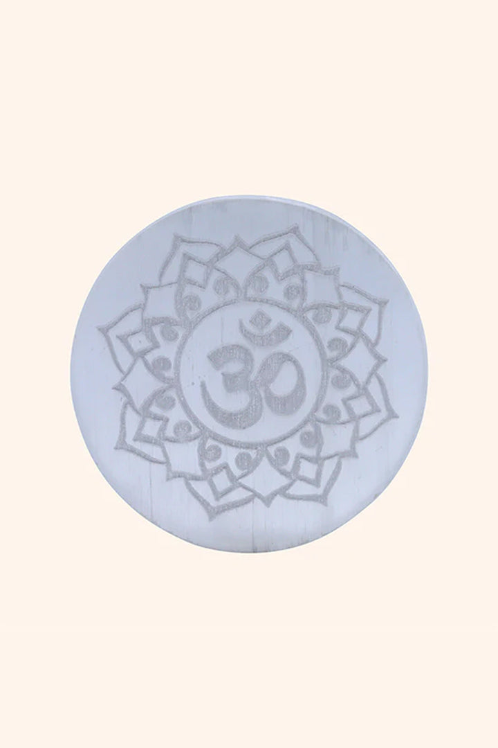 3 INCH - OM ROUND SELENITE CRYSTAL PLATE -