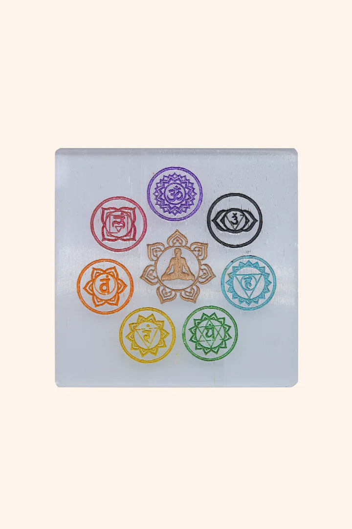 4 INCH - 7 CHAKRA SQUARE SELENITE CRYSTAL PLATE - Creates a peaceful, high-vibration environment