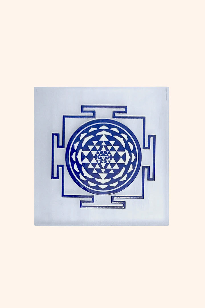 4 INCH - SHREE YANTRA BLUE SQUARE CRYSTAL SELENITE PLATE - Ideal for advanced healers & practitioners