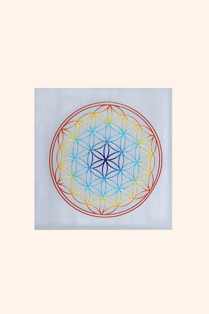 4 INCH - MANDALA COLOR SQUARE CRYSTAL SELENITE PLATE - Crystal charging & cleansing
