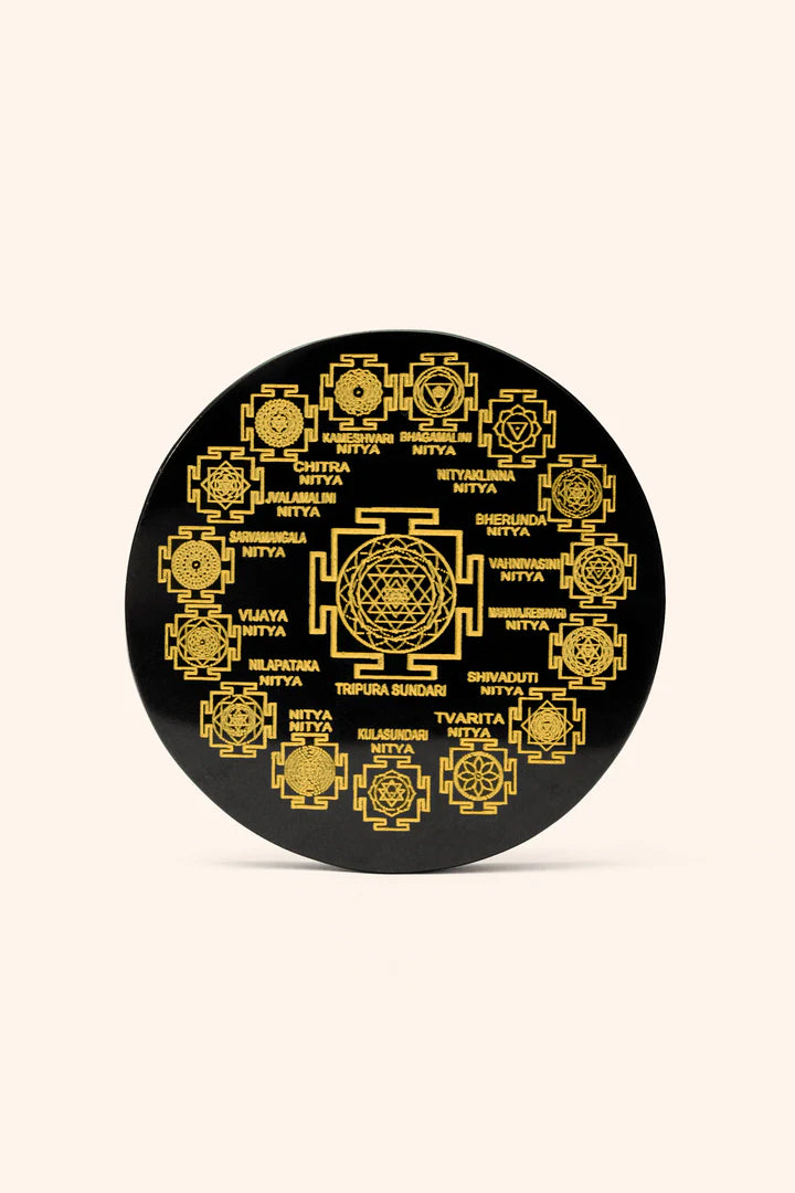 3 INCH - SHRI YANTRA BLACK OBSIDIAN  CRYSTAL PLATE  – Prosperity, Protection & Energy Amplification