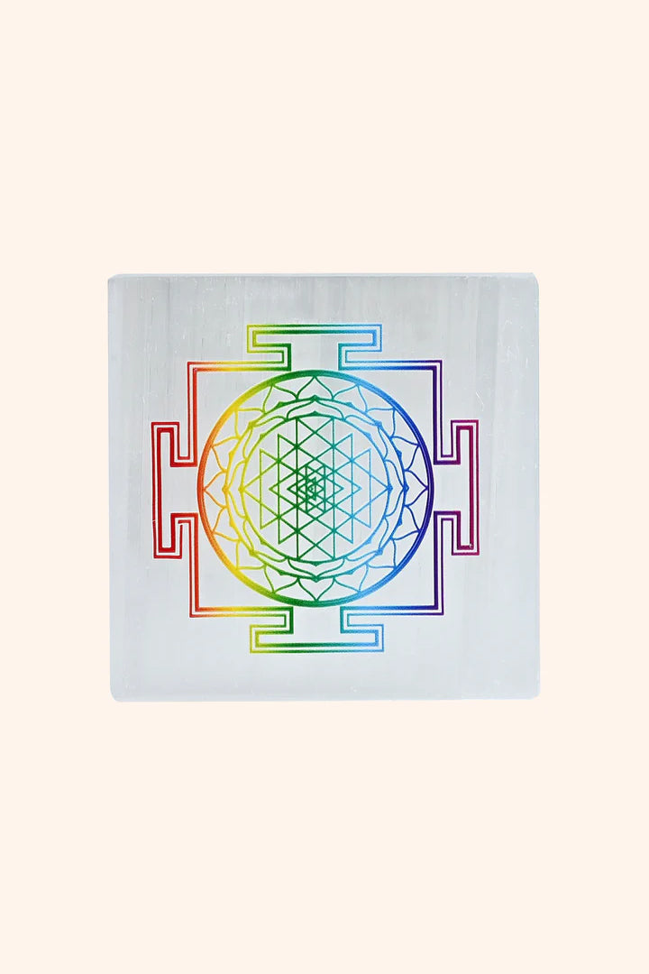 3 INCH - SHREE YANTRA COLOUR SQUARE CRYSTAL SELENITE PLATE -