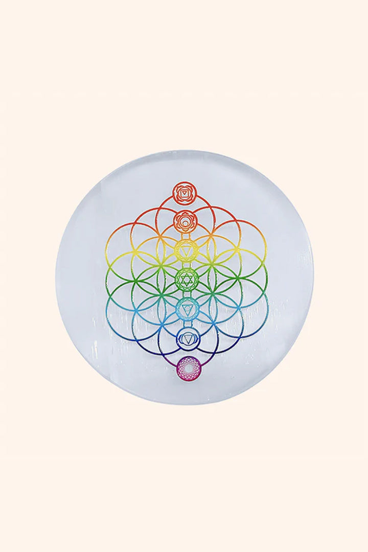 3 INCH - 7 CHAKRA FLOWER ROUND SELENITE CHARGING PLATE - Spiritual altar decoration