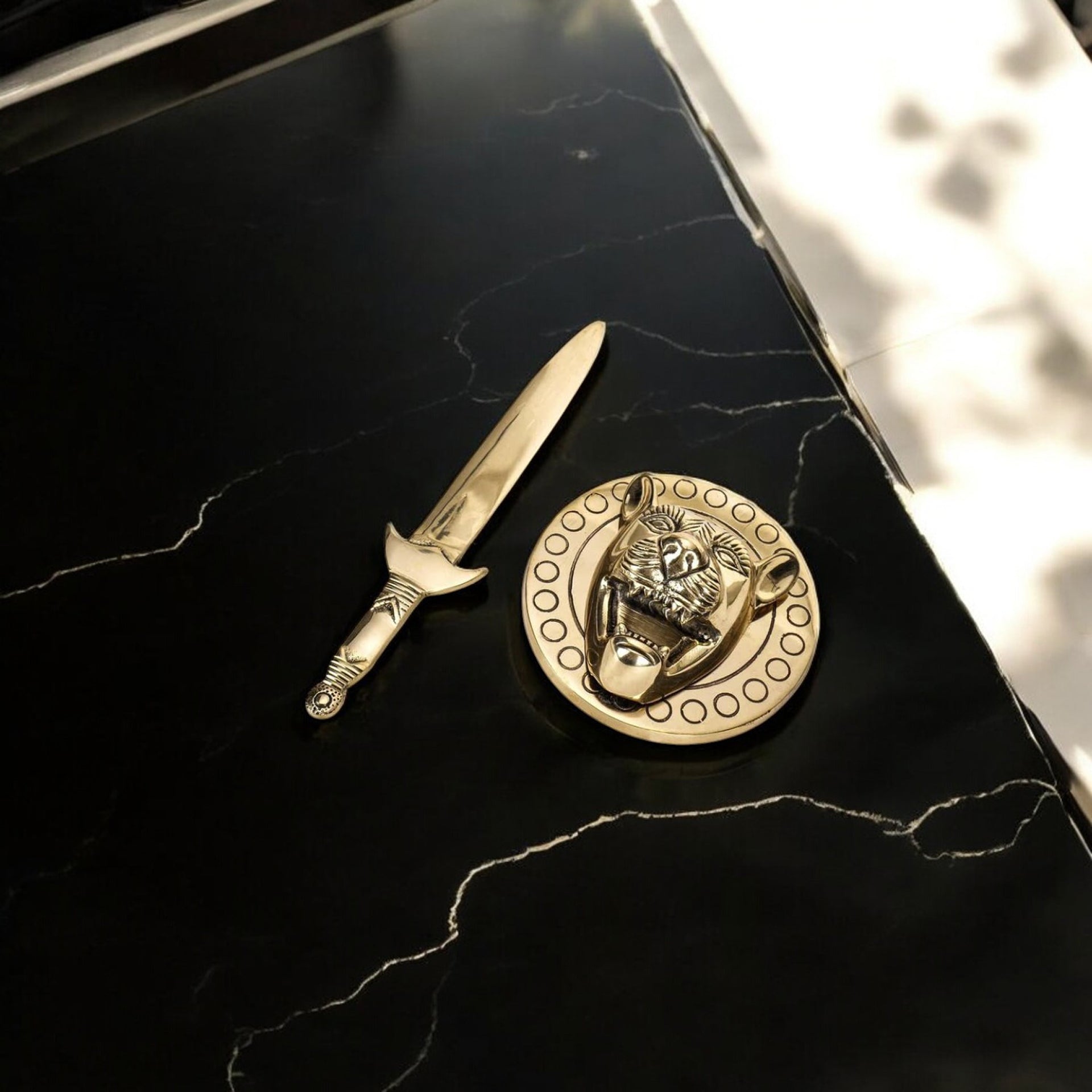 VASTU VARDAN BRASS LION WITH TALWAR STATUE