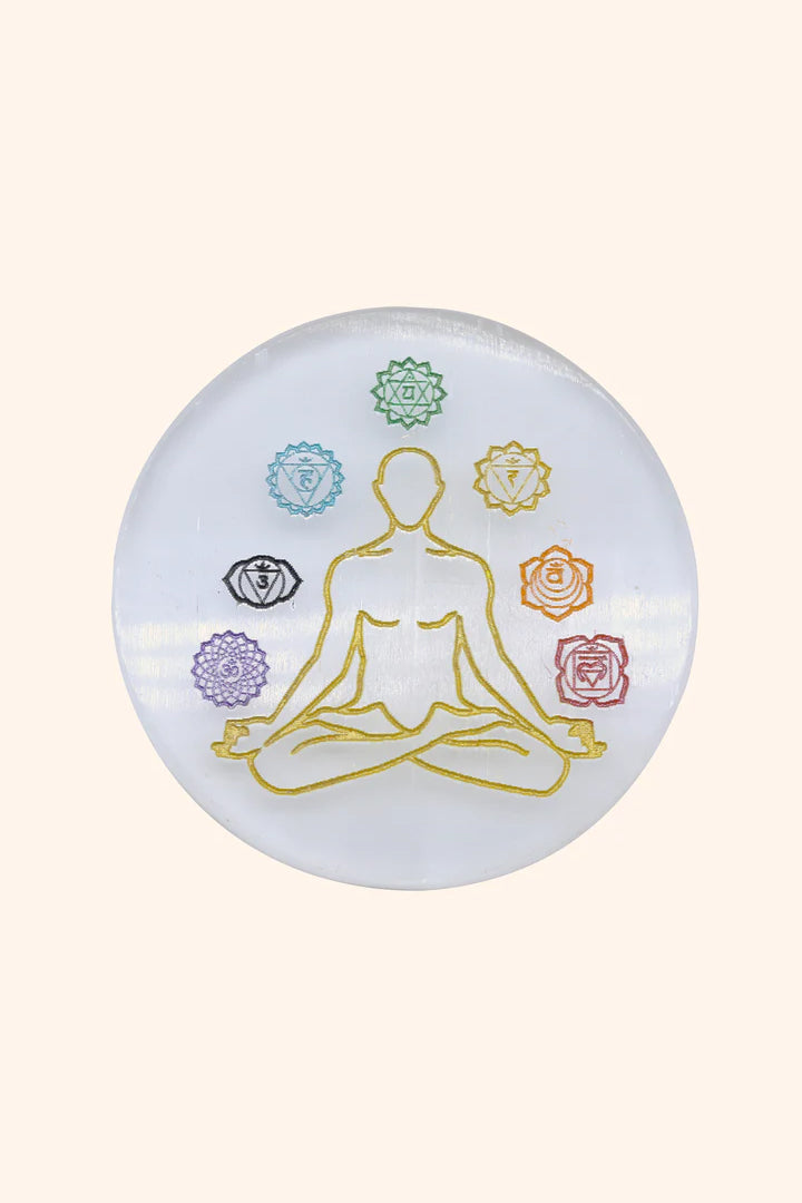 4 INCH - 7 CHAKRA CRYSTAL ROUND SELENITE PLATE - Creates a peaceful & high-vibration environment