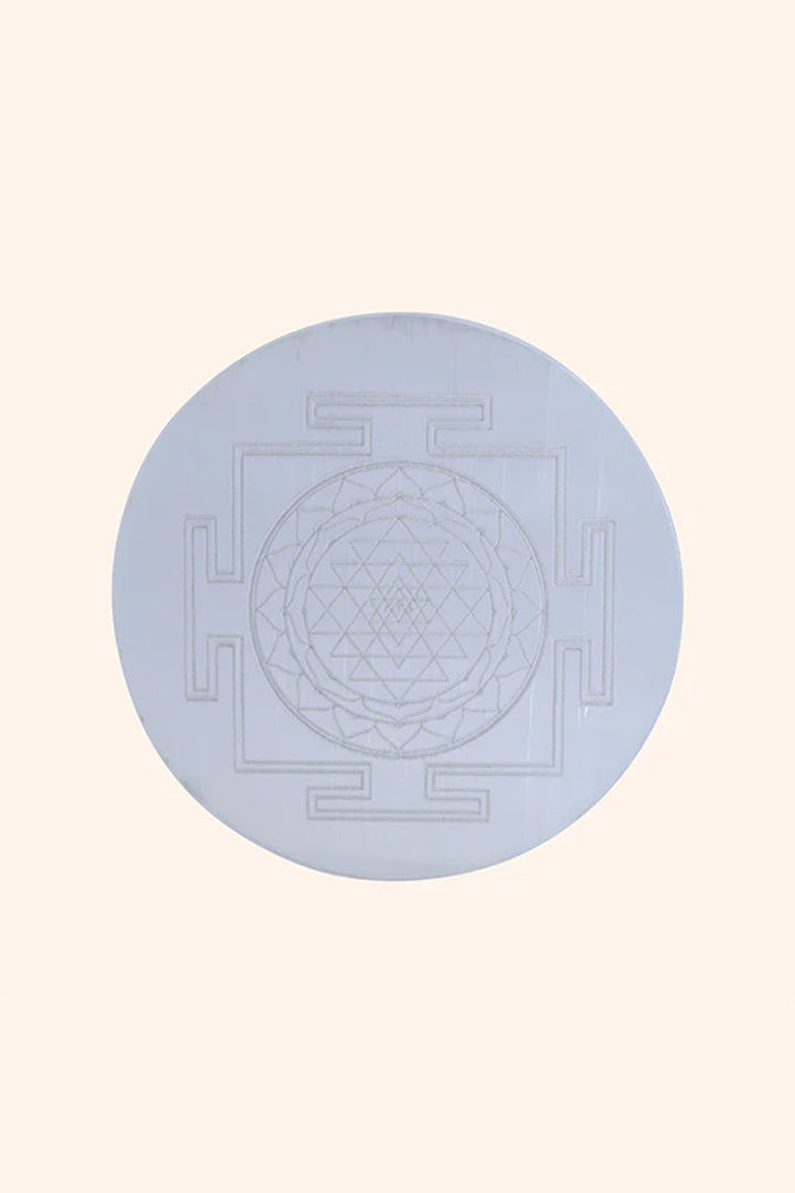 3 INCH -  SHREE YANTRA ROUND SELENITE CRYSTAL CHARGING PLATE - Supports continuous positive energy flow