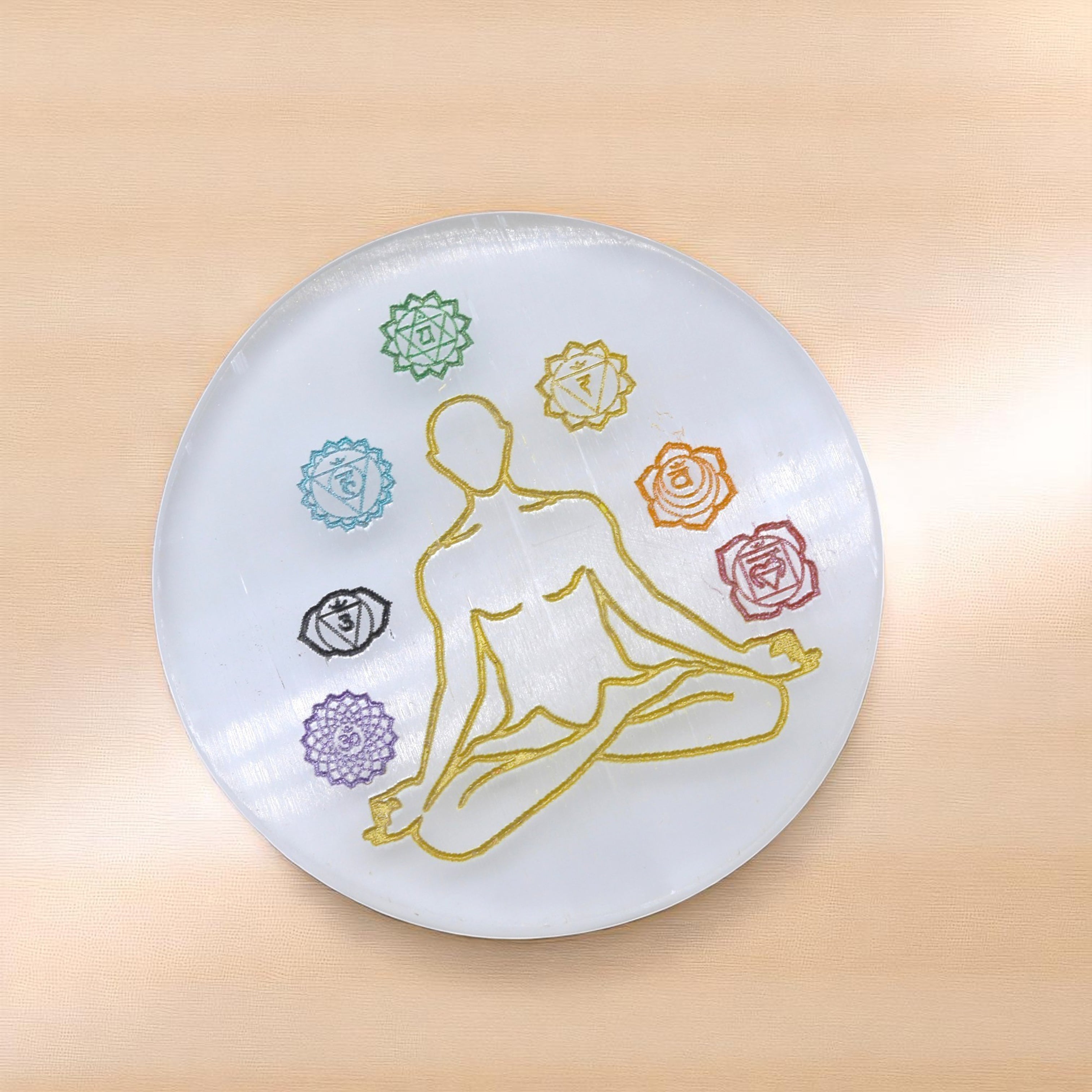 VASTU VARDAN CRYSTAL 7 CHAKRA ROUND SELENITE PLATE 4 INCH