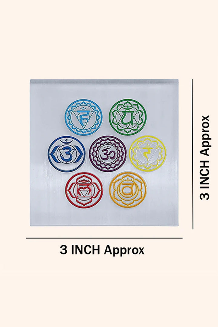 7 CHAKRA HINDI SQUARE SELENITE CHARGING PLATE 3 INCH