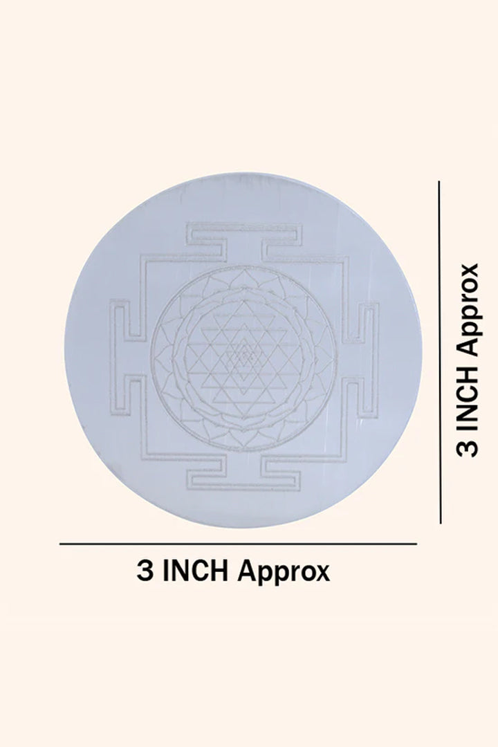 3 INCH -  SHREE YANTRA ROUND SELENITE CRYSTAL CHARGING PLATE - Supports continuous positive energy flow
