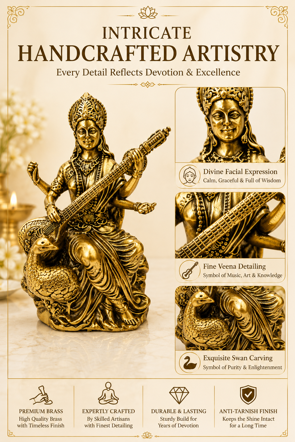 SARASWATI JI BRASS STATUE - 3 INCH