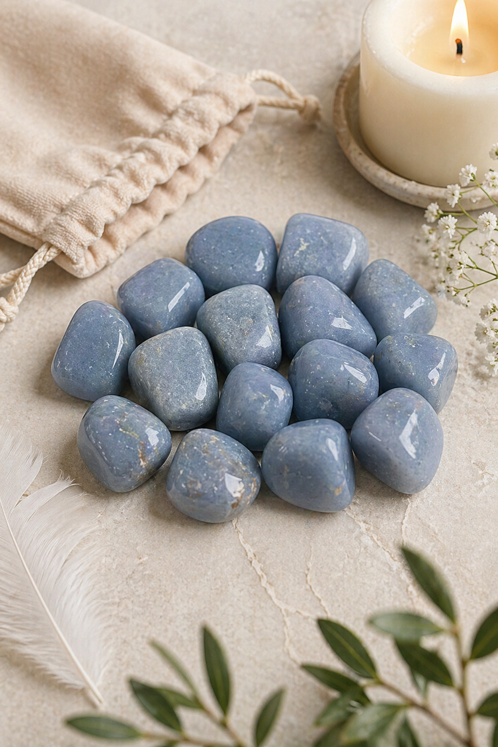 ANGELITE  CRYSTAL TUMBLE  - 100 GRAM - Use in healing sessions & chakra balancing