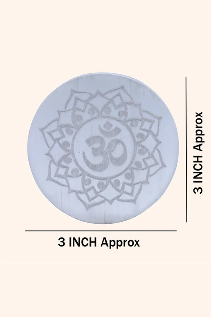 3 INCH - OM ROUND SELENITE CRYSTAL PLATE -