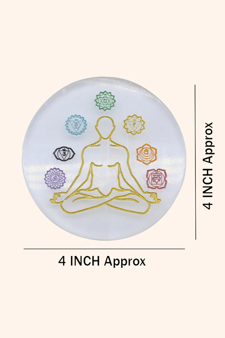 4 INCH - 7 CHAKRA CRYSTAL ROUND SELENITE PLATE - Creates a peaceful & high-vibration environment