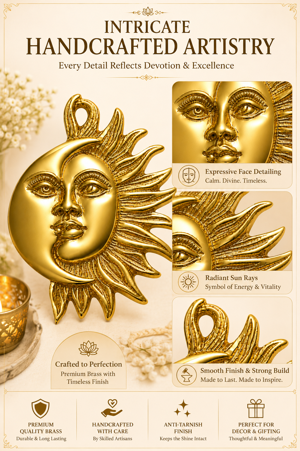 SUN + MOON BRASS STATUE - 21 CM