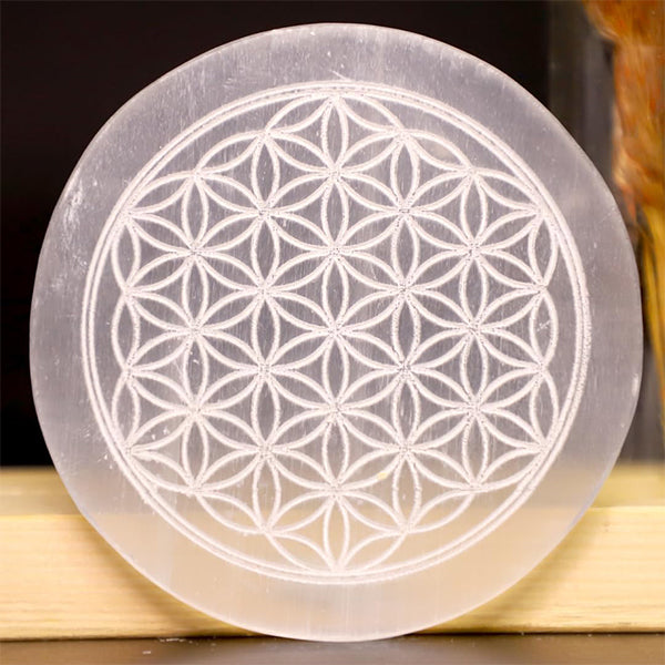 SELENITE CRYSTAL MANDALA ROUND PLATE 3 INCH
