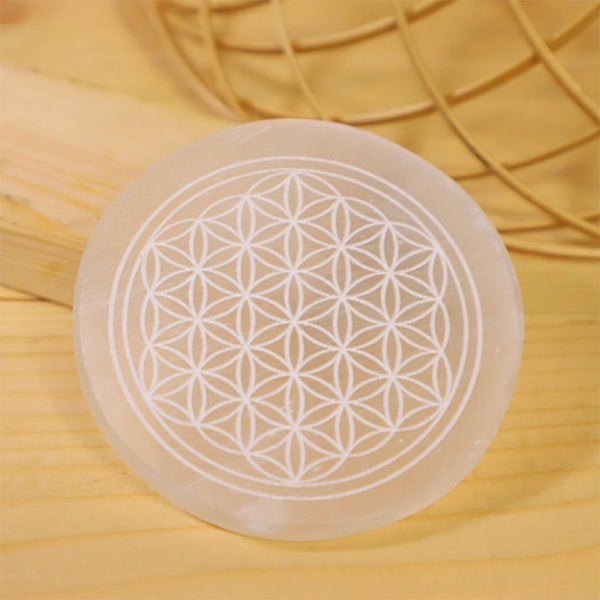 SELENITE CRYSTAL MANDALA ROUND PLATE 3 INCH
