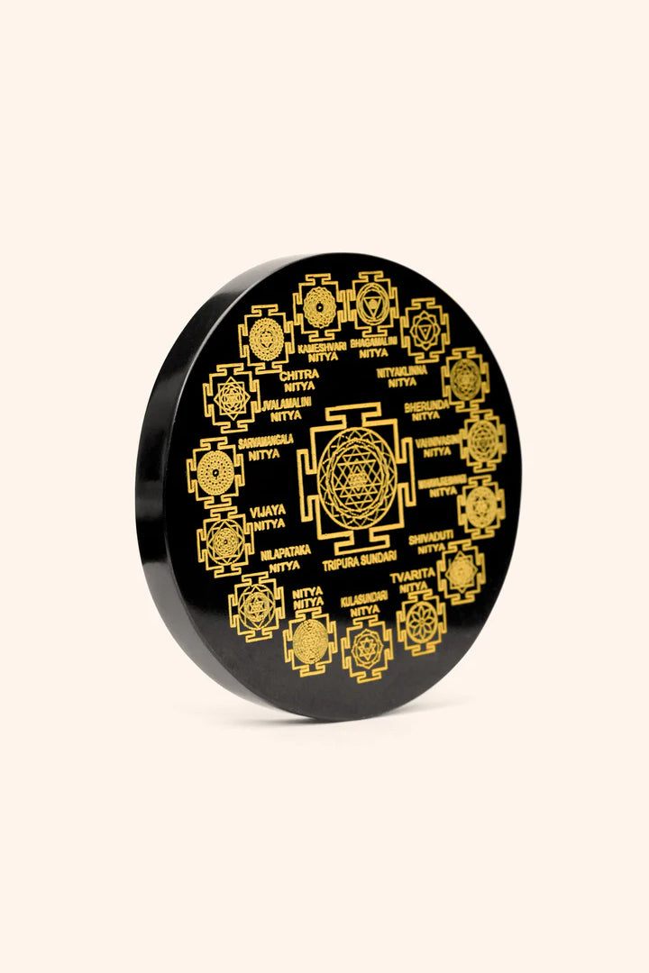 3 INCH - SHRI YANTRA BLACK OBSIDIAN  CRYSTAL PLATE  – Prosperity, Protection & Energy Amplification