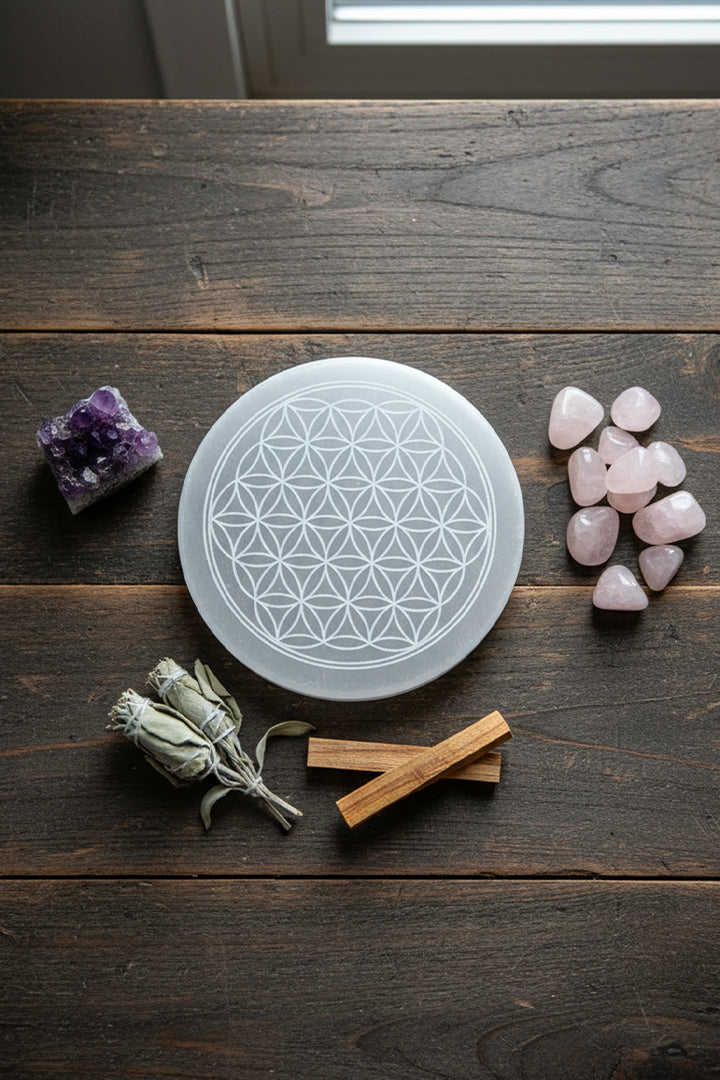 3 INCH - MANDALA ROUND CRYSTAL SELENITE PLATE - Spiritual & chakra healing practices