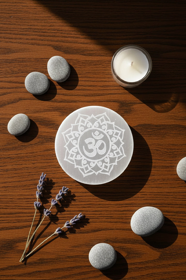 3 INCH - OM ROUND SELENITE CRYSTAL PLATE -
