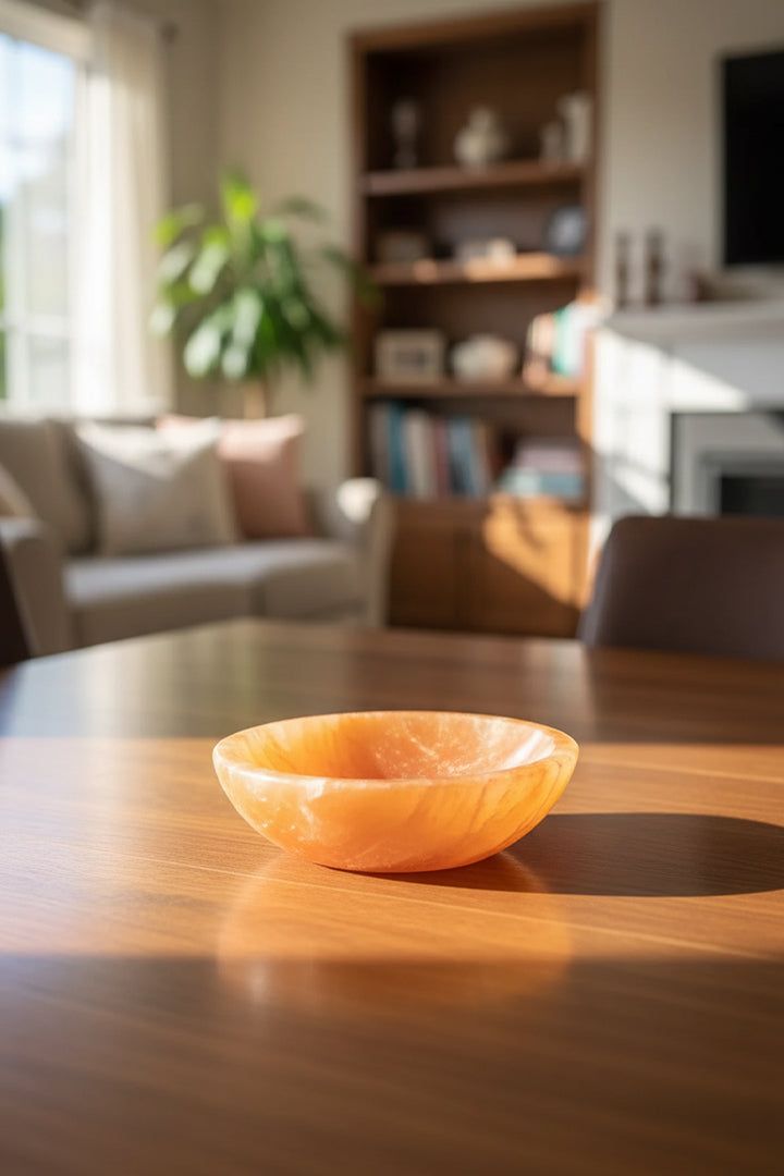 15CM - ORANGE ROUND CRYSTAL BOWL - Orange Selenite Charging & Cleansing Bowl