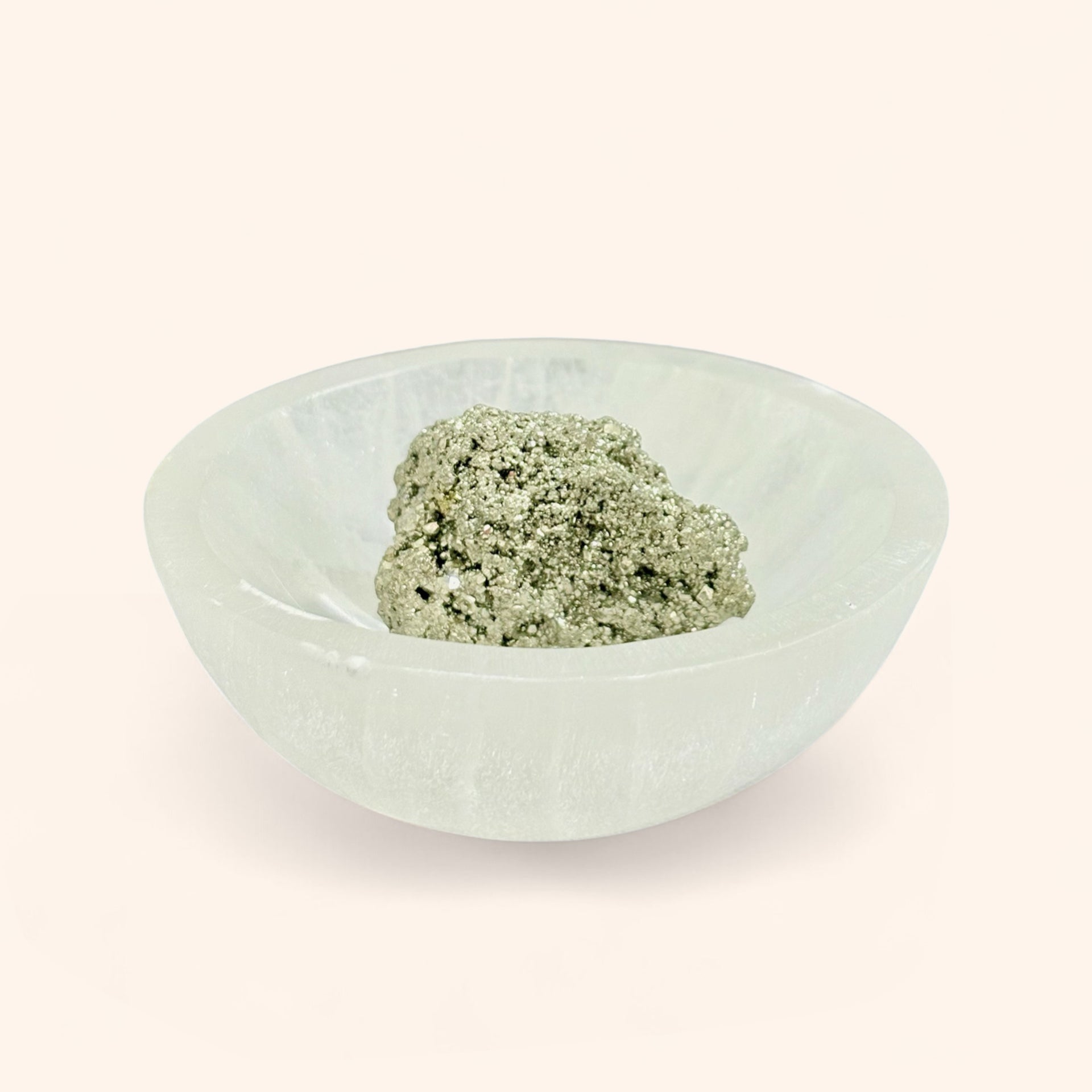 VASTU VARDAN NATURAL SELENITE BOWL WITH 100 GM PYRITE STONE | HANDMADE SELENITE STONE BOWL FOR HEALING, MEDITATION, HOME DECOR & SPIRITUAL GIFTS (ROUND SHAPE, 3" INCHES)