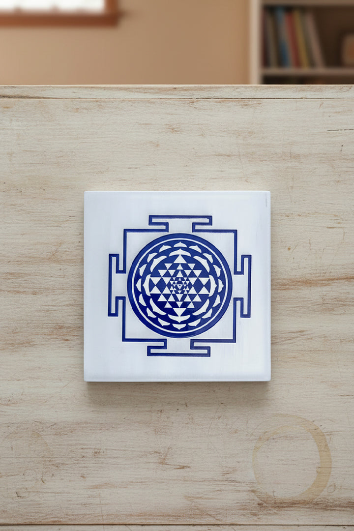 3 INCH - SHREE YANTRA BLUE SQUARE SELENITE CHARGING PLATE -Supports daily spiritual grounding