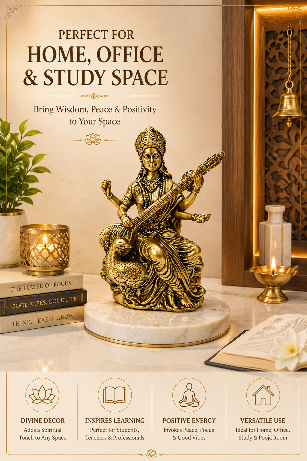 SARASWATI JI BRASS STATUE - 3 INCH