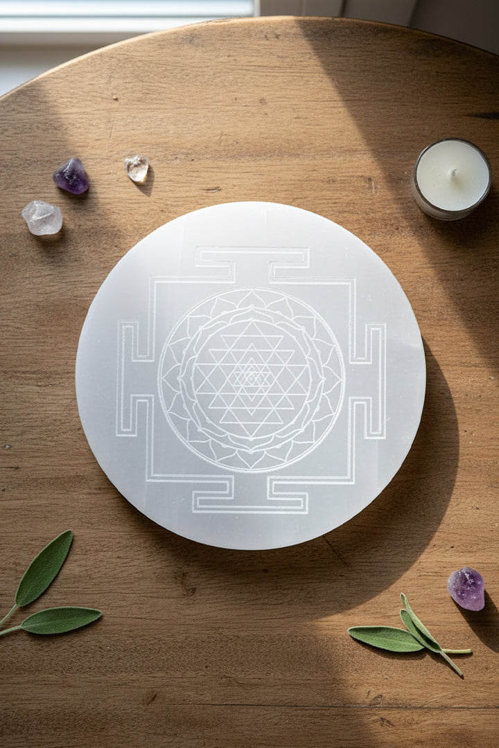3 INCH -  SHREE YANTRA ROUND SELENITE CRYSTAL CHARGING PLATE - Supports continuous positive energy flow