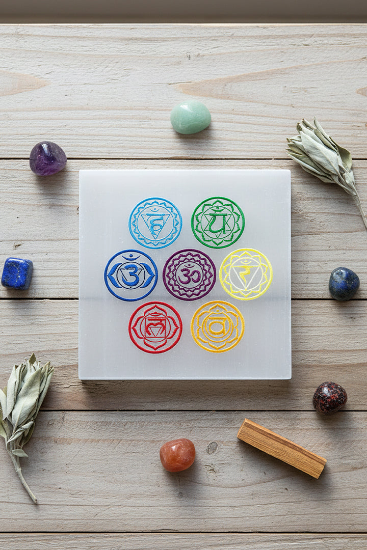 7 CHAKRA HINDI SQUARE SELENITE CHARGING PLATE 3 INCH