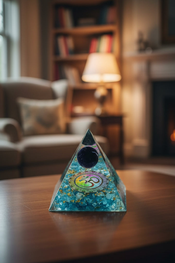 3 INCH TURQUOISE BALL CRYSTAL PYRAMID -  Use In Pooja spaces & Altars