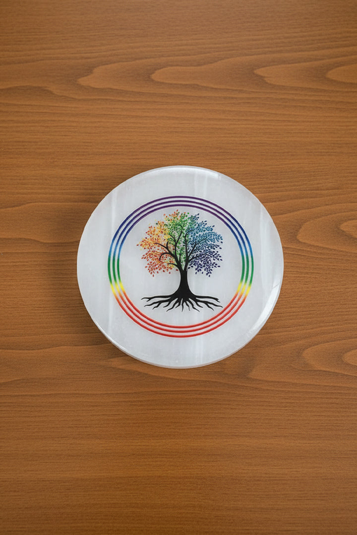3 INCH - KALPVRIKSHA ROUND CHARGING SELENITE PLATE - Ideal for daily spiritual practice &  energy balancing