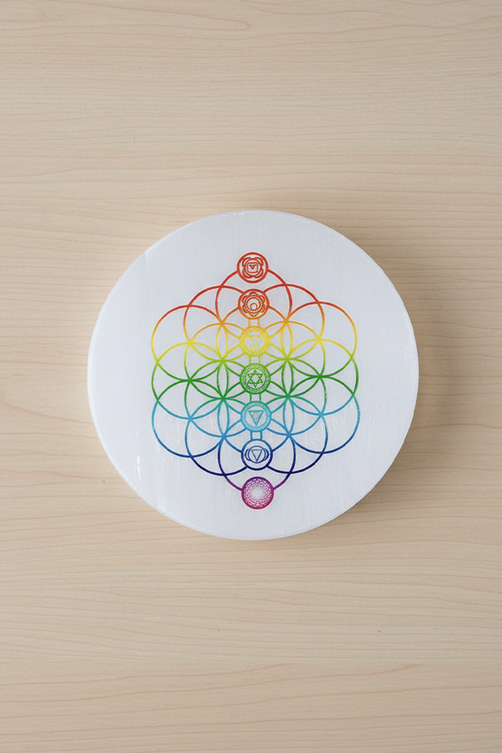 3 INCH - 7 CHAKRA FLOWER ROUND SELENITE CHARGING PLATE - Spiritual altar decoration