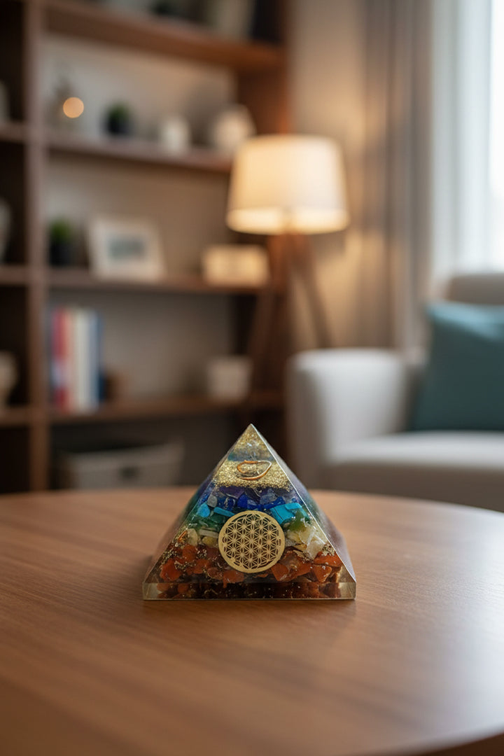 2 INCH SEVEN CHAKRA SHREE YANTRA CRYSTAL PYRAMID - Chakra Healing & Prosperity Amplifier