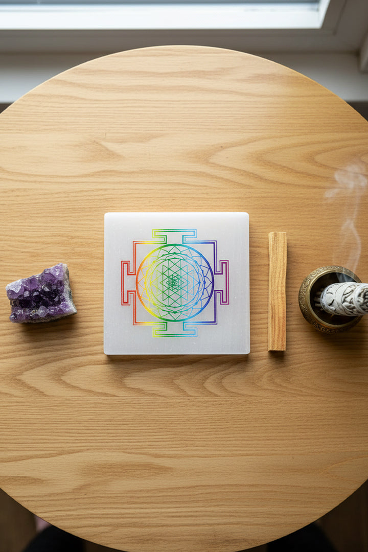 3 INCH - SHREE YANTRA COLOUR SQUARE CRYSTAL SELENITE PLATE -