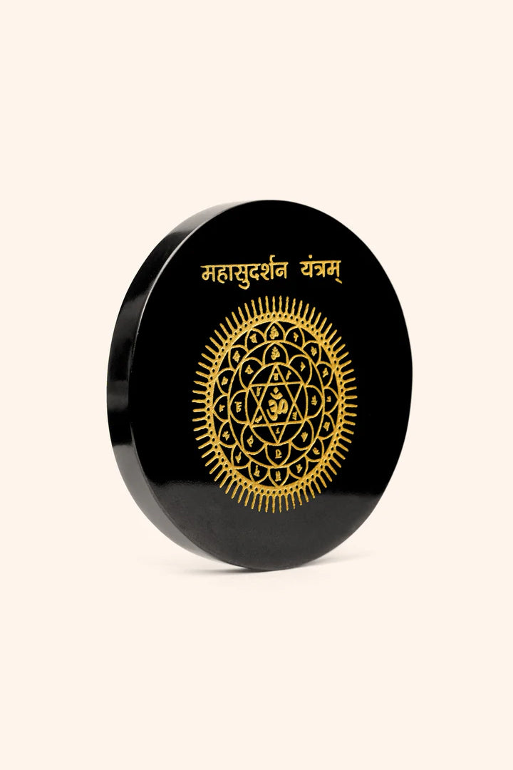 3 INCH - MAHASUDHARSHAN YANTRA BLACK OBSIDIAN CRYSTAL PLATE - Divine Energy Protection