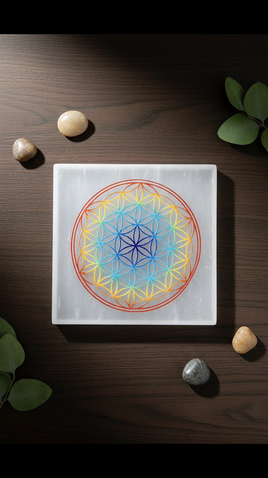 4 INCH - MANDALA COLOR SQUARE CRYSTAL SELENITE PLATE - Crystal charging & cleansing