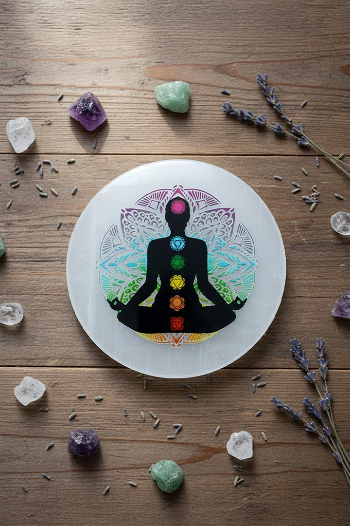 3 INCH - AURA COLOR ROUND CHARGING SELENITE PLATE - Aura Energy Detox & High Vibrational Healing