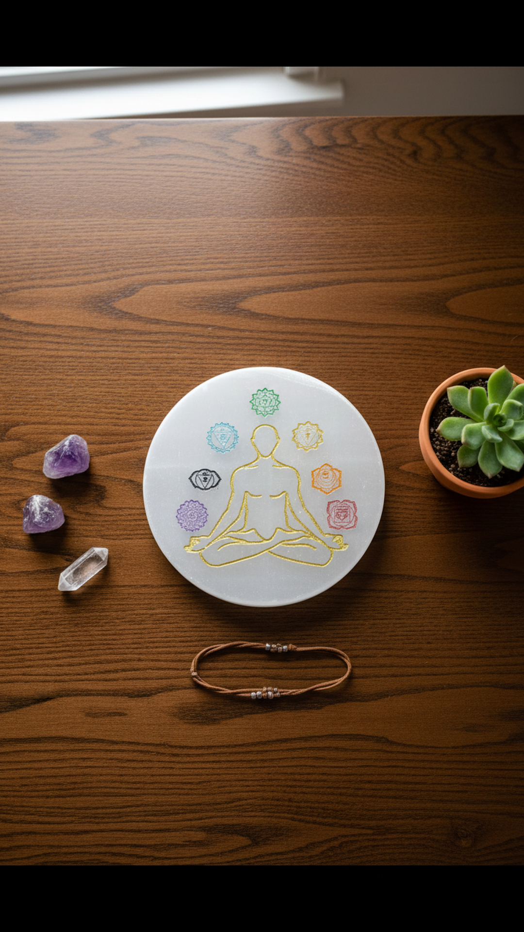 4 INCH - 7 CHAKRA CRYSTAL ROUND SELENITE PLATE - Creates a peaceful & high-vibration environment