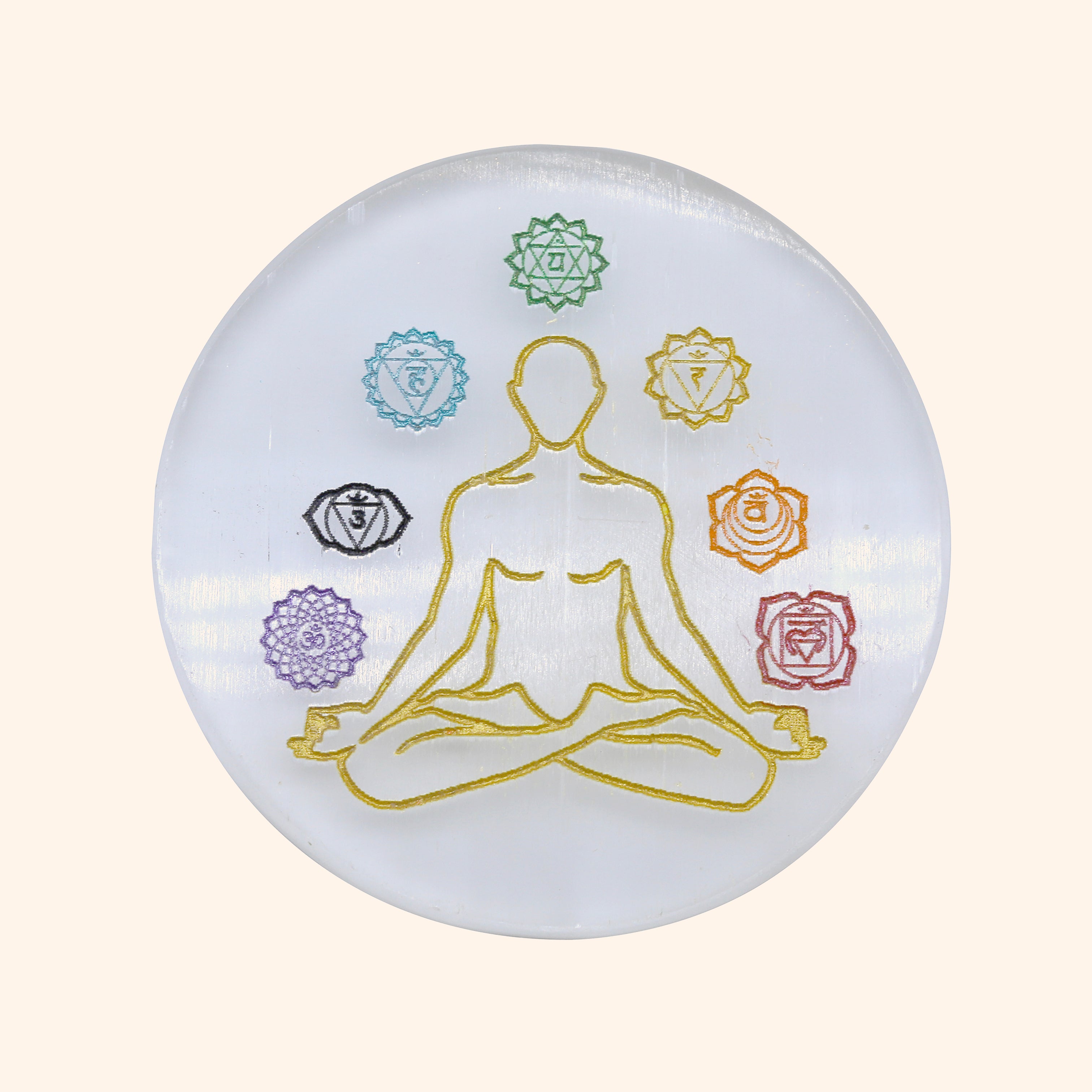 VASTU VARDAN CRYSTAL 7 CHAKRA ROUND SELENITE PLATE 4 INCH