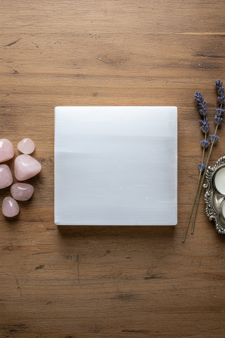 3 INCH - PLAIN SQUARE SELENITE CRYSTAL PLATE -  Manifestation and intention-setting ritual